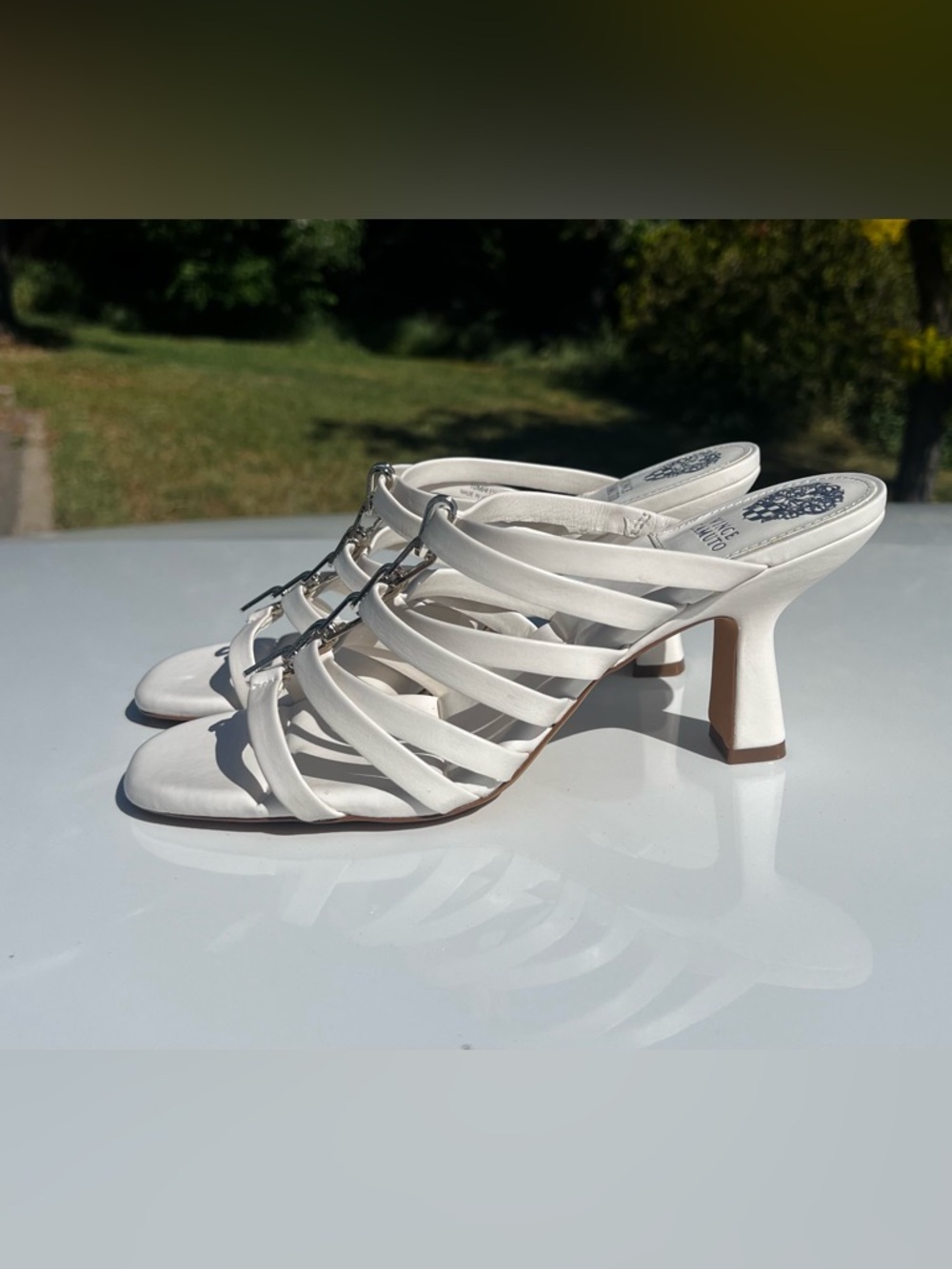 Vince Camuto White Strappy Chain-Accent Slide Mules - Picture 3 of 7